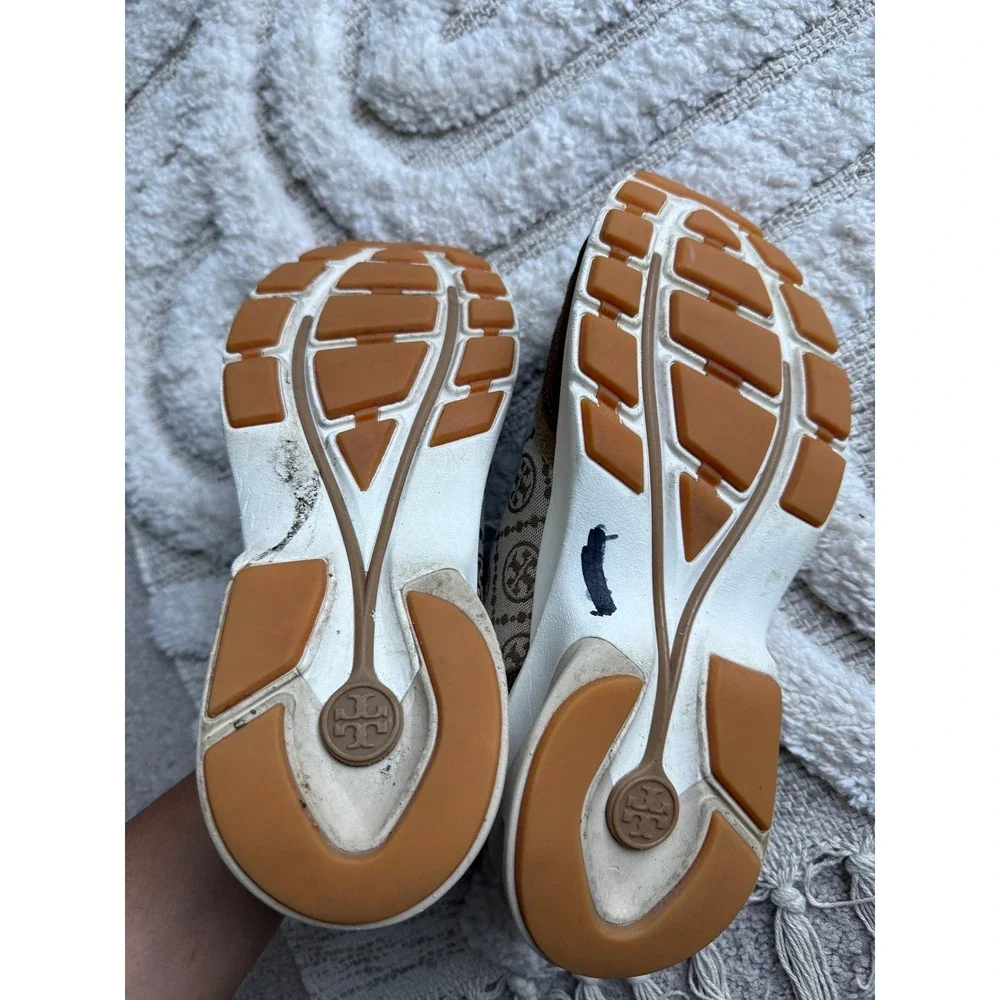 Tory Burch Good Luck Trainer Brown Tan Monogram Suede Sneakers 7M 87331